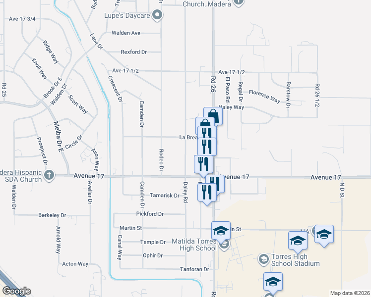 map of restaurants, bars, coffee shops, grocery stores, and more near 17207 Daley Road in Madera