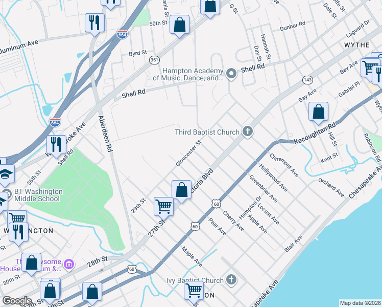 map of restaurants, bars, coffee shops, grocery stores, and more near 400 Wheeler Avenue in Hampton