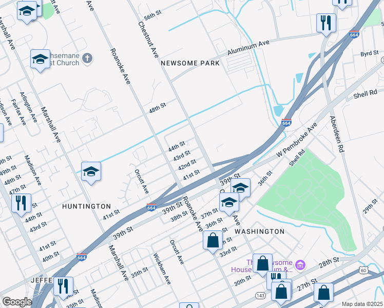 map of restaurants, bars, coffee shops, grocery stores, and more near 1146 44th Street in Newport News
