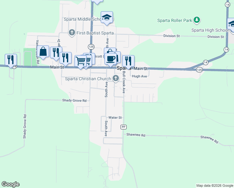 map of restaurants, bars, coffee shops, grocery stores, and more near 212-314 S Oak Ave in Sparta