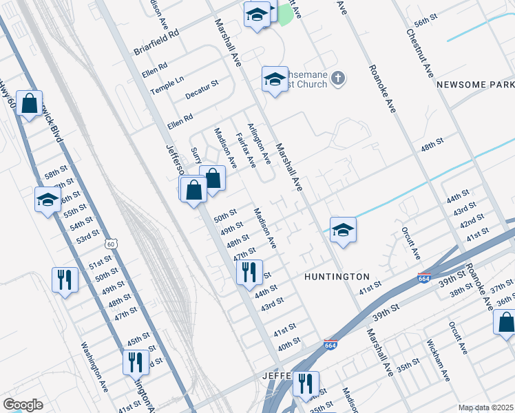 map of restaurants, bars, coffee shops, grocery stores, and more near 4922 Madison Avenue in Newport News