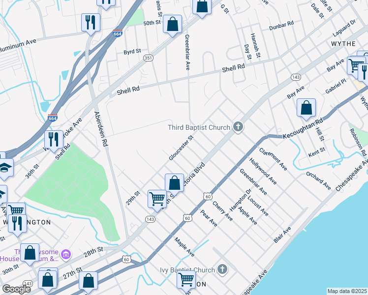 map of restaurants, bars, coffee shops, grocery stores, and more near 383 Wheeler Avenue in Hampton