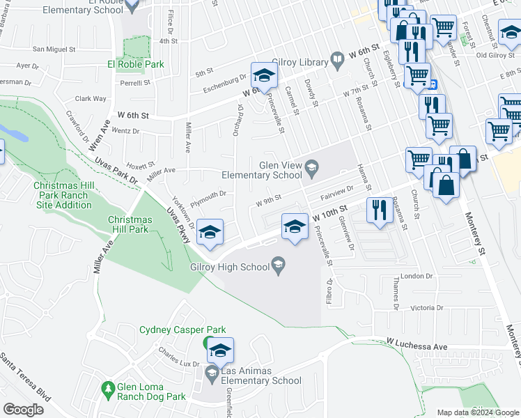 map of restaurants, bars, coffee shops, grocery stores, and more near 760 West 9th Street in Gilroy