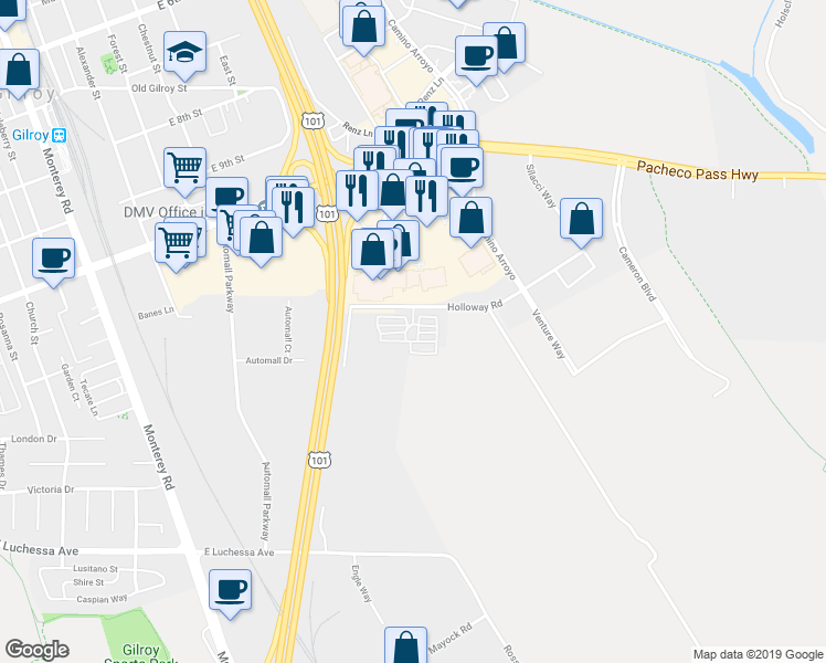 map of restaurants, bars, coffee shops, grocery stores, and more near 650 Holloway Road in Gilroy