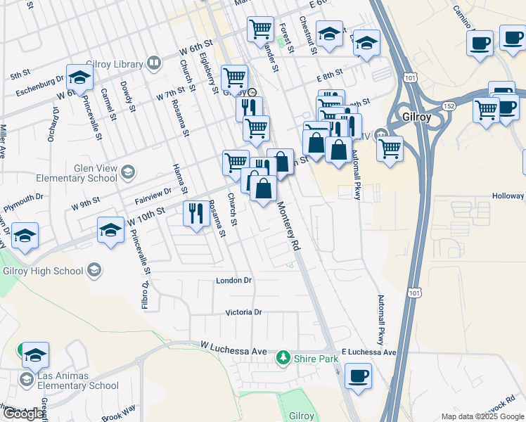 map of restaurants, bars, coffee shops, grocery stores, and more near 6945 Monterey Road in Gilroy
