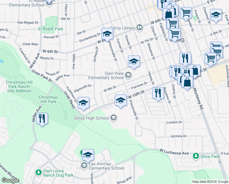map of restaurants, bars, coffee shops, grocery stores, and more near 751 Williamsburg Way in Gilroy