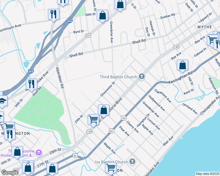 map of restaurants, bars, coffee shops, grocery stores, and more near 383 Wheeler Ave in Hampton