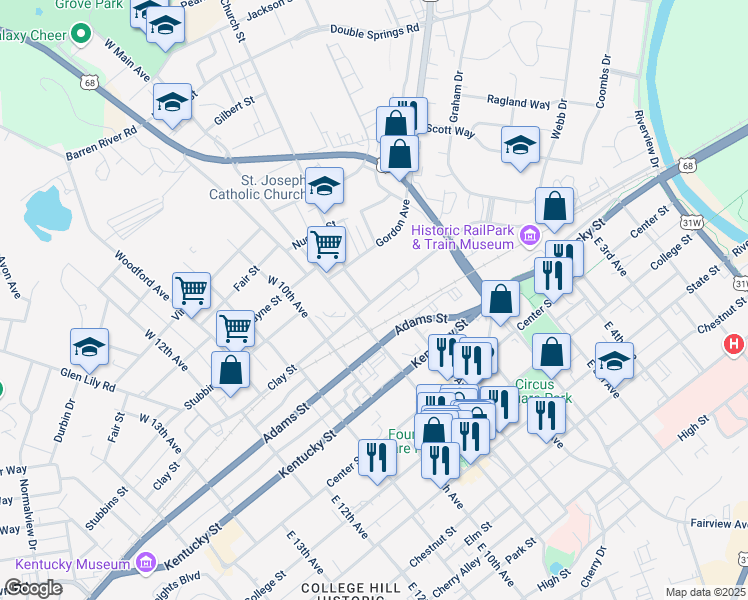 map of restaurants, bars, coffee shops, grocery stores, and more near Clay Street in Bowling Green