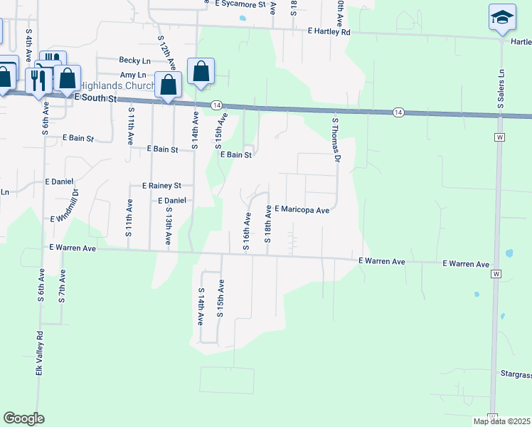 map of restaurants, bars, coffee shops, grocery stores, and more near 2007 South 18th Avenue in Ozark