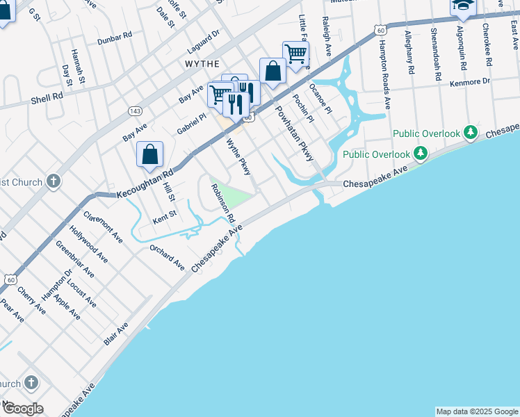 map of restaurants, bars, coffee shops, grocery stores, and more near 2221 Chesapeake Avenue in Hampton