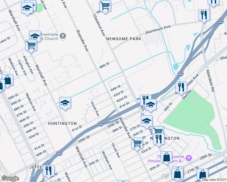 map of restaurants, bars, coffee shops, grocery stores, and more near 1116 44th Street in Newport News