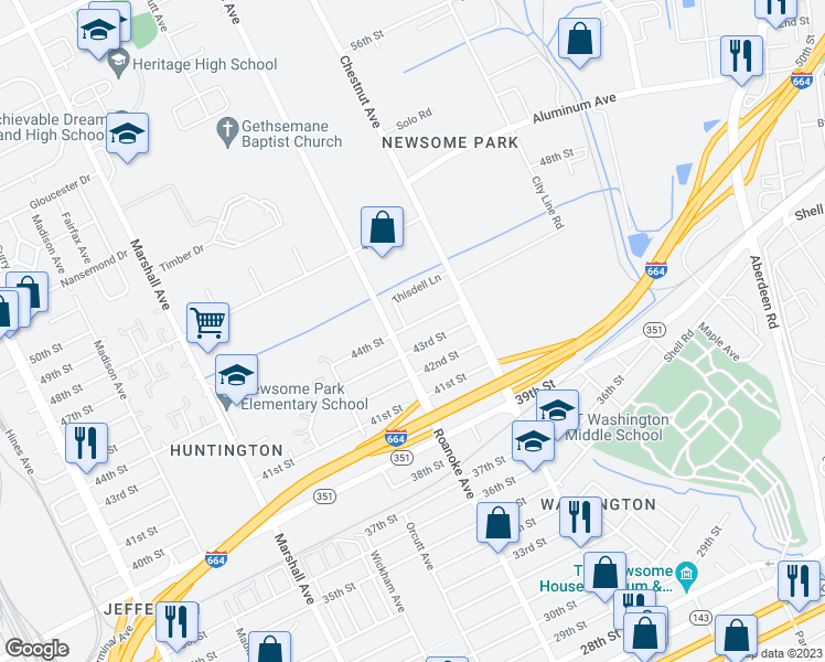 map of restaurants, bars, coffee shops, grocery stores, and more near 1116 44th Street in Newport News