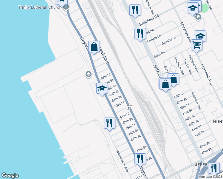 map of restaurants, bars, coffee shops, grocery stores, and more near 327 56th Street in Newport News
