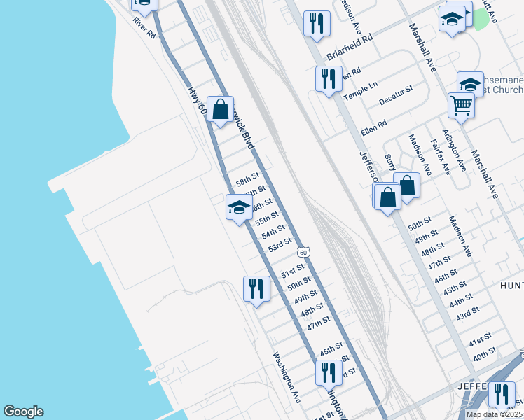 map of restaurants, bars, coffee shops, grocery stores, and more near 327 56th Street in Newport News
