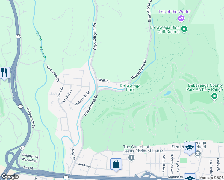map of restaurants, bars, coffee shops, grocery stores, and more near Branciforte Drive in Santa Cruz