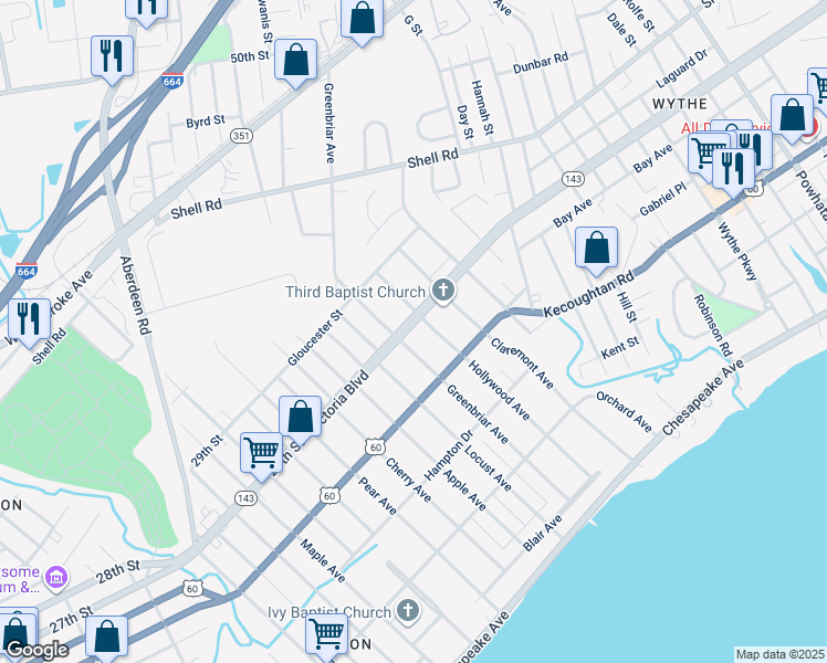 map of restaurants, bars, coffee shops, grocery stores, and more near 1110 Victoria Boulevard in Hampton