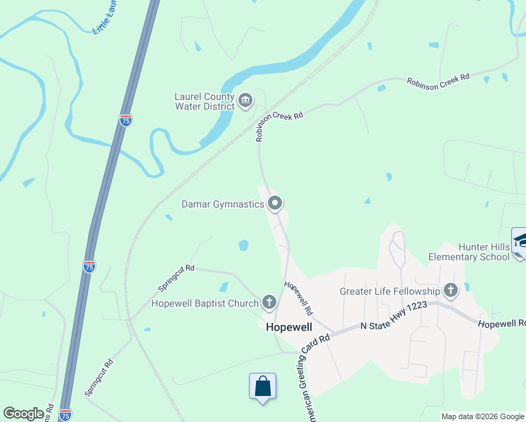 map of restaurants, bars, coffee shops, grocery stores, and more near 2120 Robinson Creek Road in Corbin