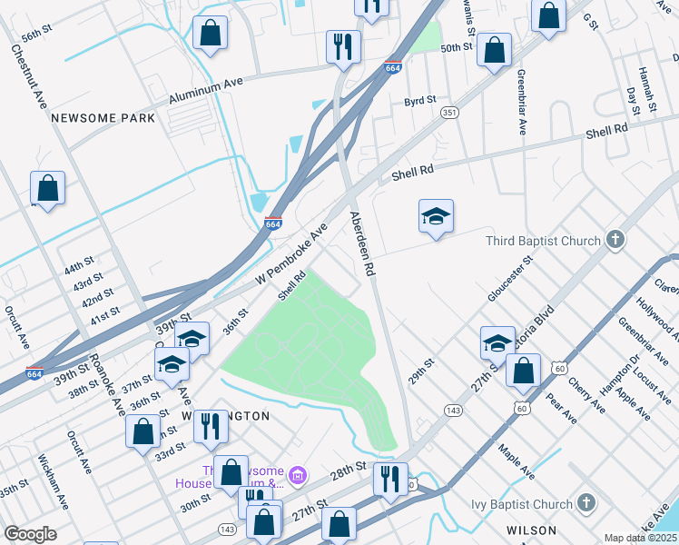 map of restaurants, bars, coffee shops, grocery stores, and more near 627 Greenlawn Avenue in Hampton