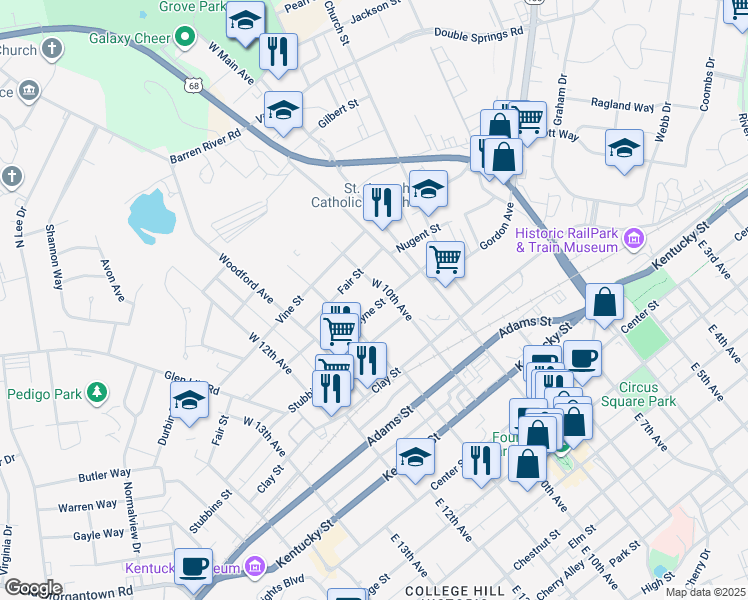 map of restaurants, bars, coffee shops, grocery stores, and more near 1017 Payne Street in Bowling Green