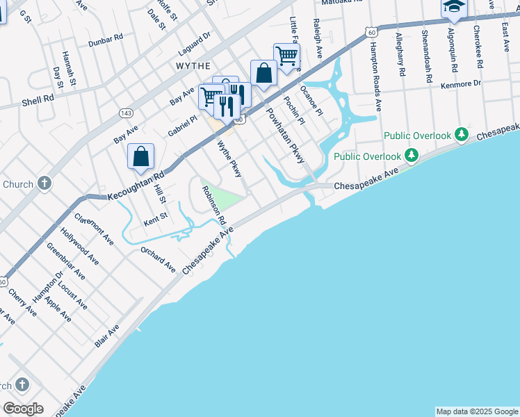 map of restaurants, bars, coffee shops, grocery stores, and more near 100 Wythe Parkway in Hampton