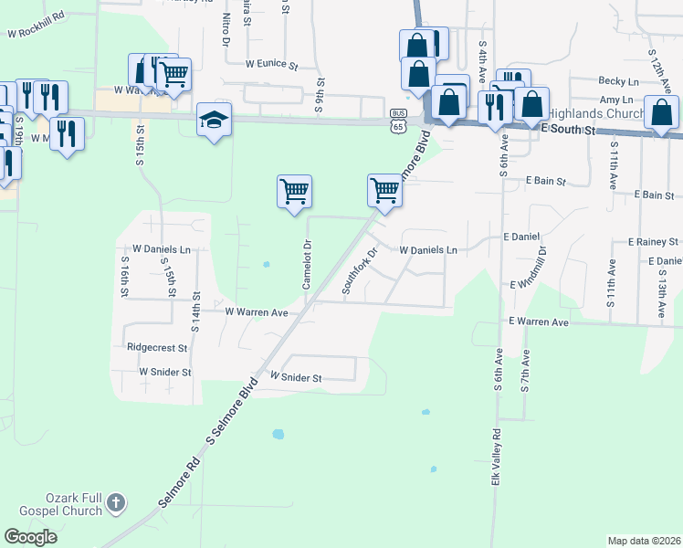 map of restaurants, bars, coffee shops, grocery stores, and more near 1910 Selmore Road in Ozark