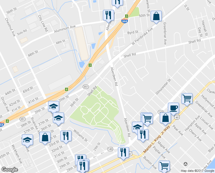 map of restaurants, bars, coffee shops, grocery stores, and more near 627 Greenlawn Avenue in Hampton