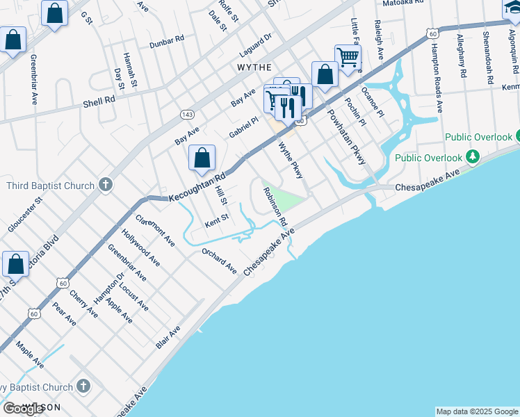map of restaurants, bars, coffee shops, grocery stores, and more near 123 Robinson Road in Hampton