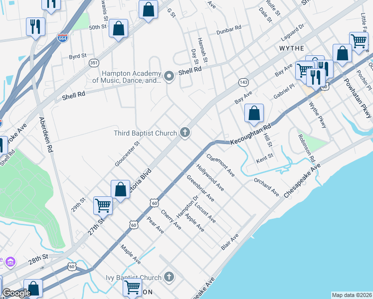 map of restaurants, bars, coffee shops, grocery stores, and more near 1200 Victoria Boulevard in Hampton