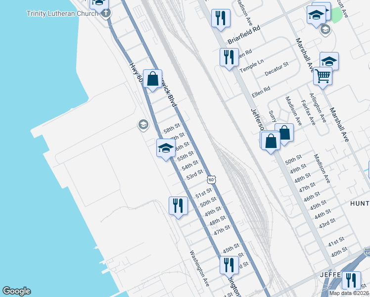 map of restaurants, bars, coffee shops, grocery stores, and more near 327 56th Street in Newport News