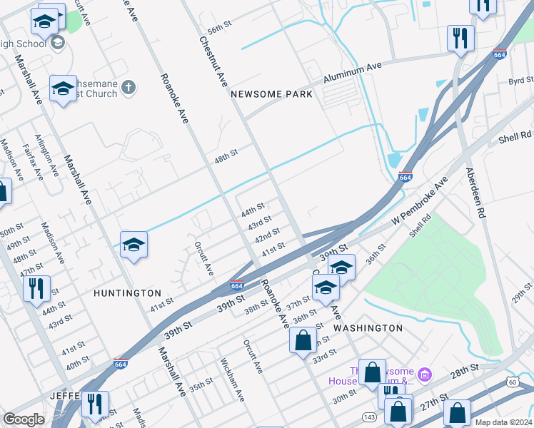 map of restaurants, bars, coffee shops, grocery stores, and more near 1143 43rd Street in Newport News