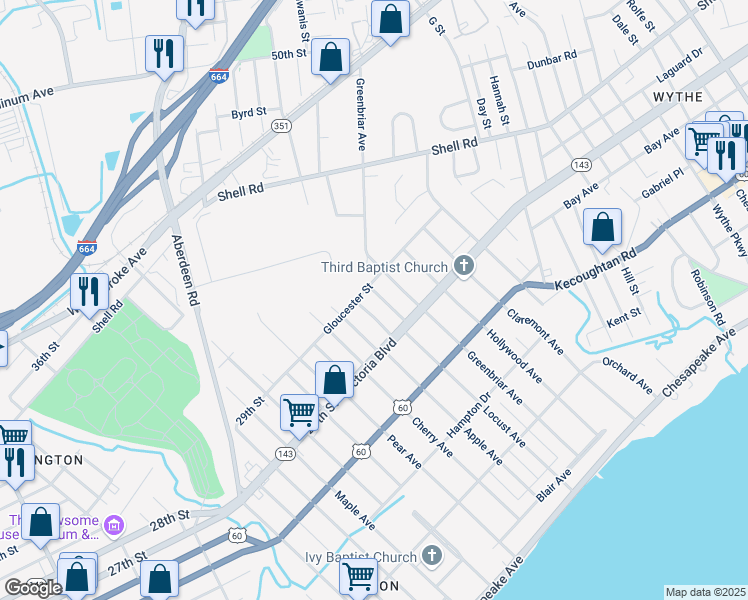 map of restaurants, bars, coffee shops, grocery stores, and more near 383 Leeland Avenue in Hampton