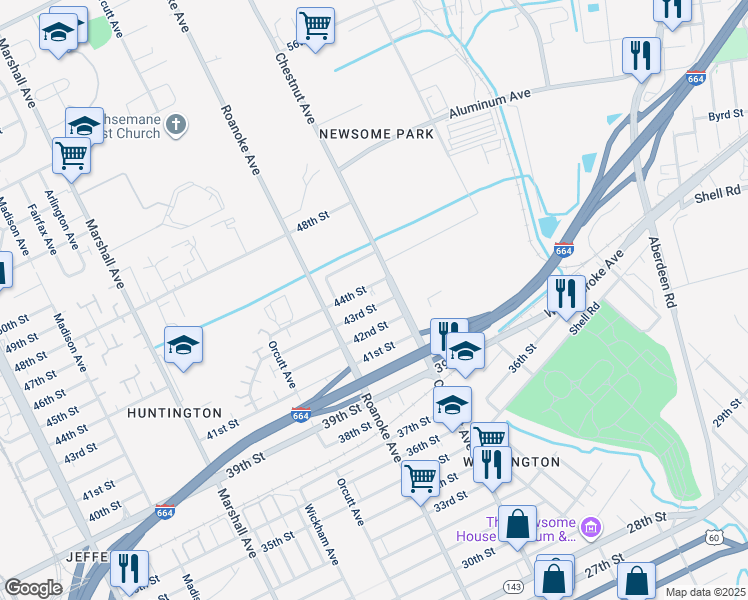 map of restaurants, bars, coffee shops, grocery stores, and more near 1147 43rd Street in Newport News