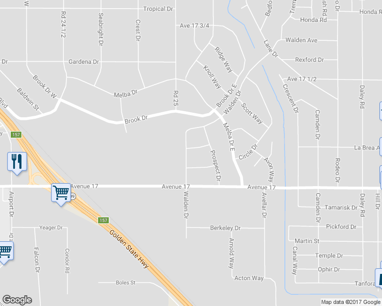 map of restaurants, bars, coffee shops, grocery stores, and more near 25072 Darby Way in Madera