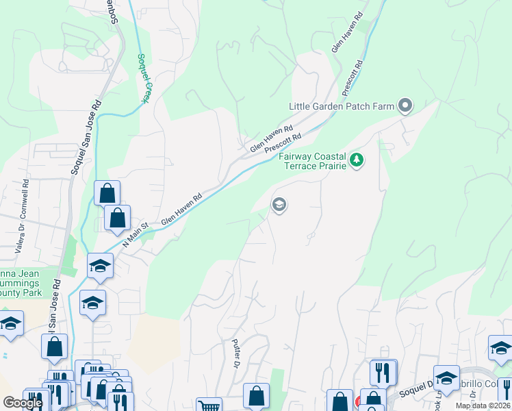 map of restaurants, bars, coffee shops, grocery stores, and more near 4101 Fairway Drive in Soquel