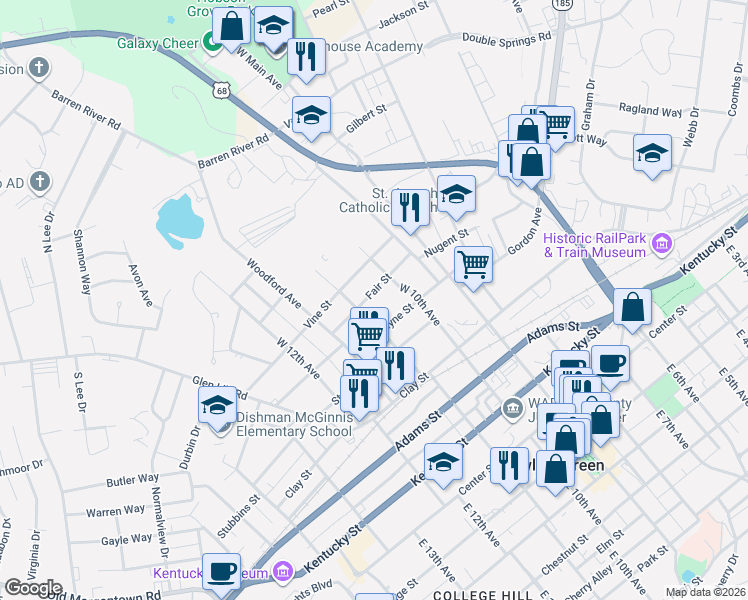 map of restaurants, bars, coffee shops, grocery stores, and more near 1039 Fair Street in Bowling Green