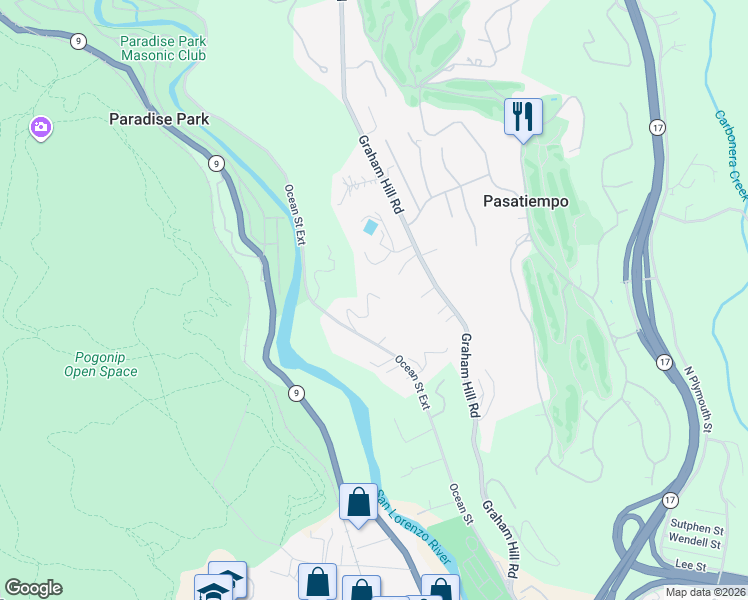 map of restaurants, bars, coffee shops, grocery stores, and more near 2222 Ocean Street Extension in Santa Cruz
