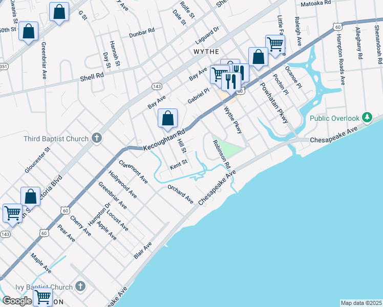 map of restaurants, bars, coffee shops, grocery stores, and more near 127 Wythe Crescent Drive in Hampton