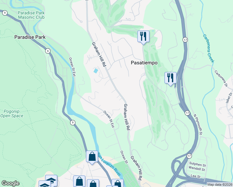 map of restaurants, bars, coffee shops, grocery stores, and more near 650 Graham Hill Road in Santa Cruz