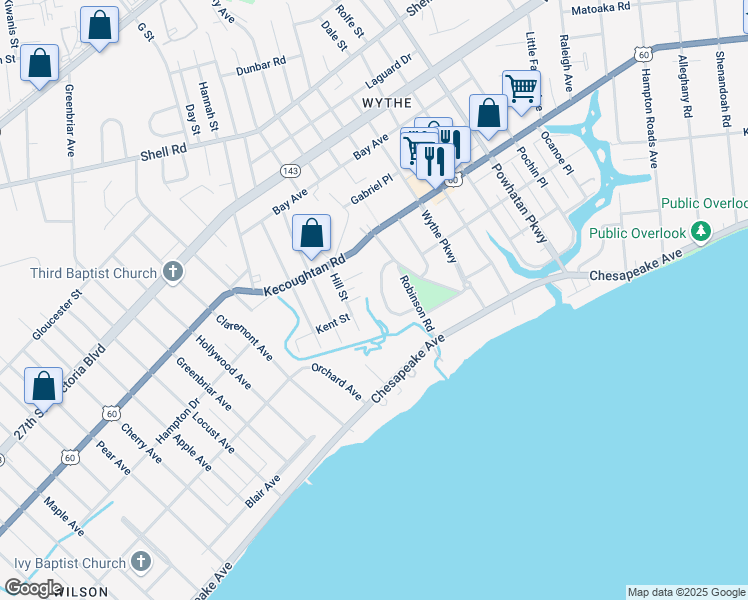 map of restaurants, bars, coffee shops, grocery stores, and more near 127 Wythe Crescent Drive in Hampton
