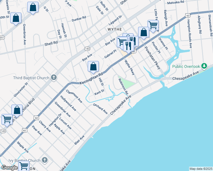 map of restaurants, bars, coffee shops, grocery stores, and more near 127 Wythe Crescent Drive in Hampton