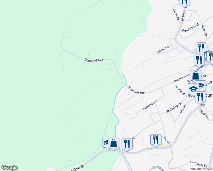 map of restaurants, bars, coffee shops, grocery stores, and more near 139 Highland Hills Road in Rocky Mount