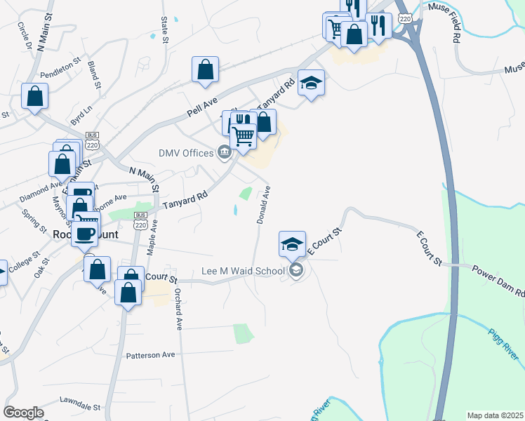 map of restaurants, bars, coffee shops, grocery stores, and more near 390 Donald Avenue in Rocky Mount