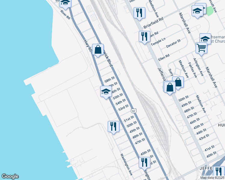 map of restaurants, bars, coffee shops, grocery stores, and more near 327 56th Street in Newport News