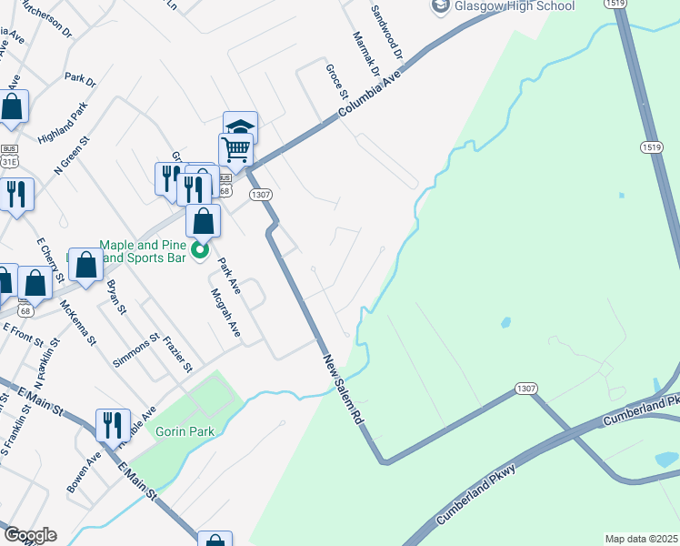 map of restaurants, bars, coffee shops, grocery stores, and more near Rainbow Drive in Glasgow