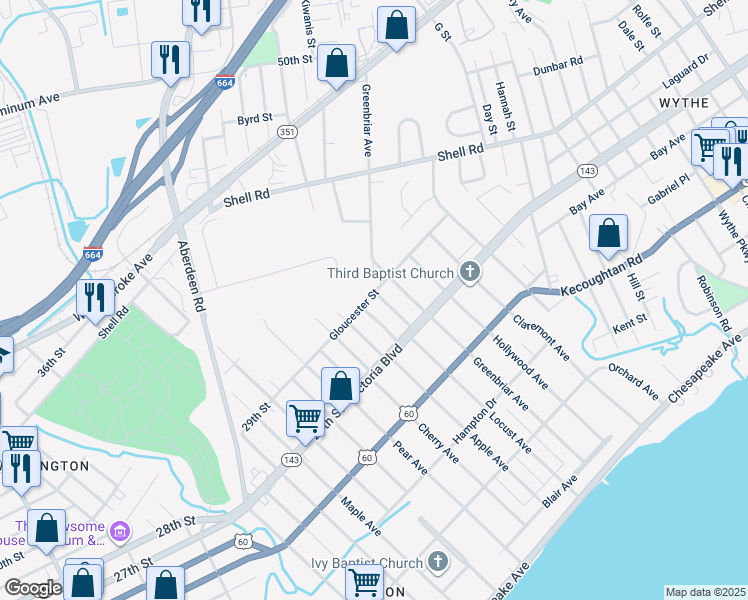 map of restaurants, bars, coffee shops, grocery stores, and more near 387 Leeland Avenue in Hampton