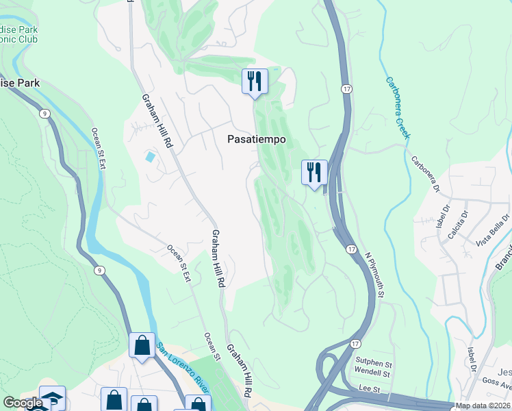 map of restaurants, bars, coffee shops, grocery stores, and more near 69 Hollins Drive in Santa Cruz
