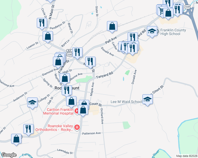 map of restaurants, bars, coffee shops, grocery stores, and more near 40 Tanyard Road in Rocky Mount