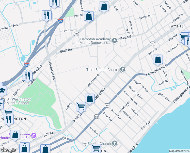map of restaurants, bars, coffee shops, grocery stores, and more near 400 Wheeler Ave in Hampton