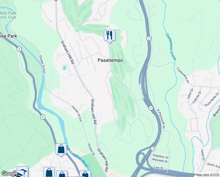 map of restaurants, bars, coffee shops, grocery stores, and more near 69 Hollins Drive in Santa Cruz