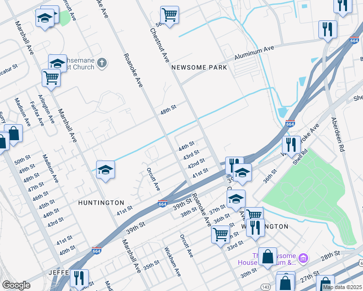 map of restaurants, bars, coffee shops, grocery stores, and more near 1100 Thisdell Lane in Newport News